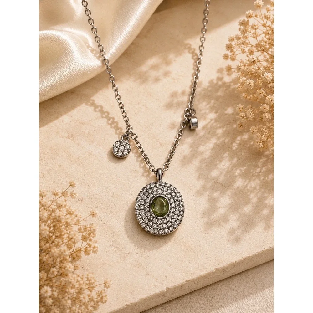 Bomb Party Green Hexagon Double Drop Pendant Necklace Silver Tone‎ CZ Accent